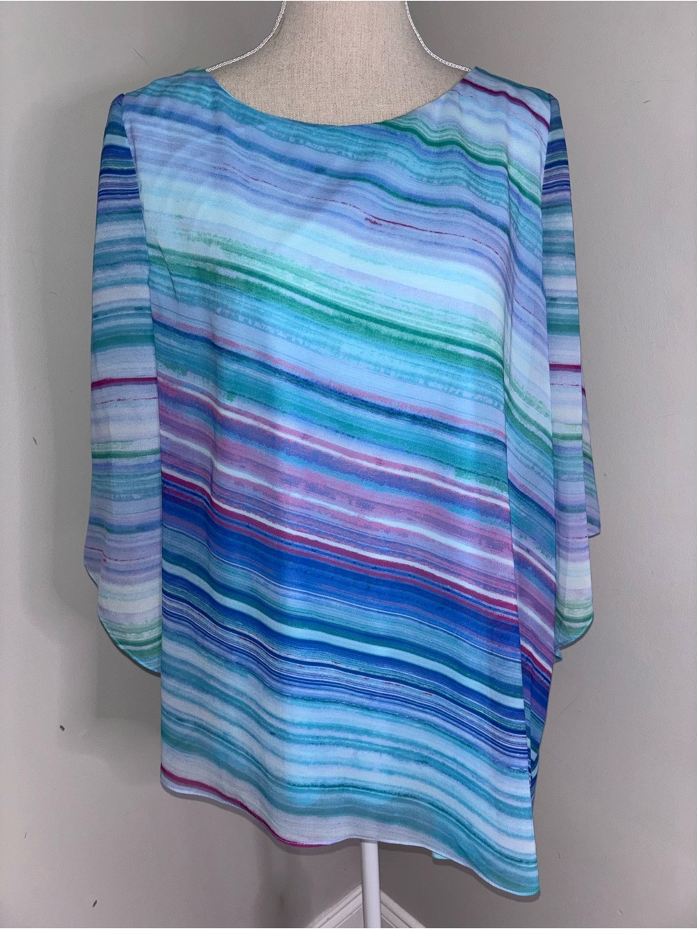 Chico’s blue & purple marble striped asymmetrical hem flowy top 2P Large Petite